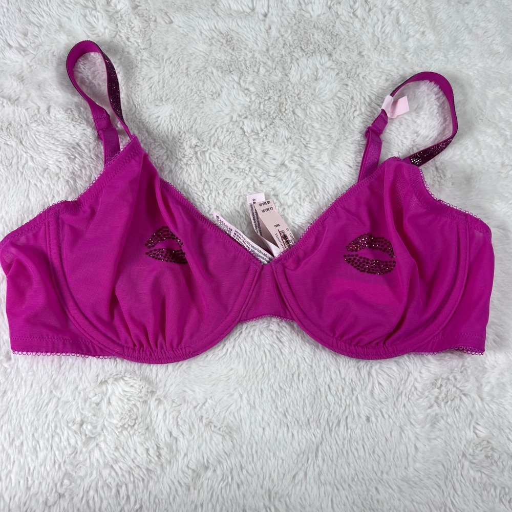 Victoria's Secret Very Sexy Unlined Demi Bra 36D Fuchsia Pink Rhinestone Lips